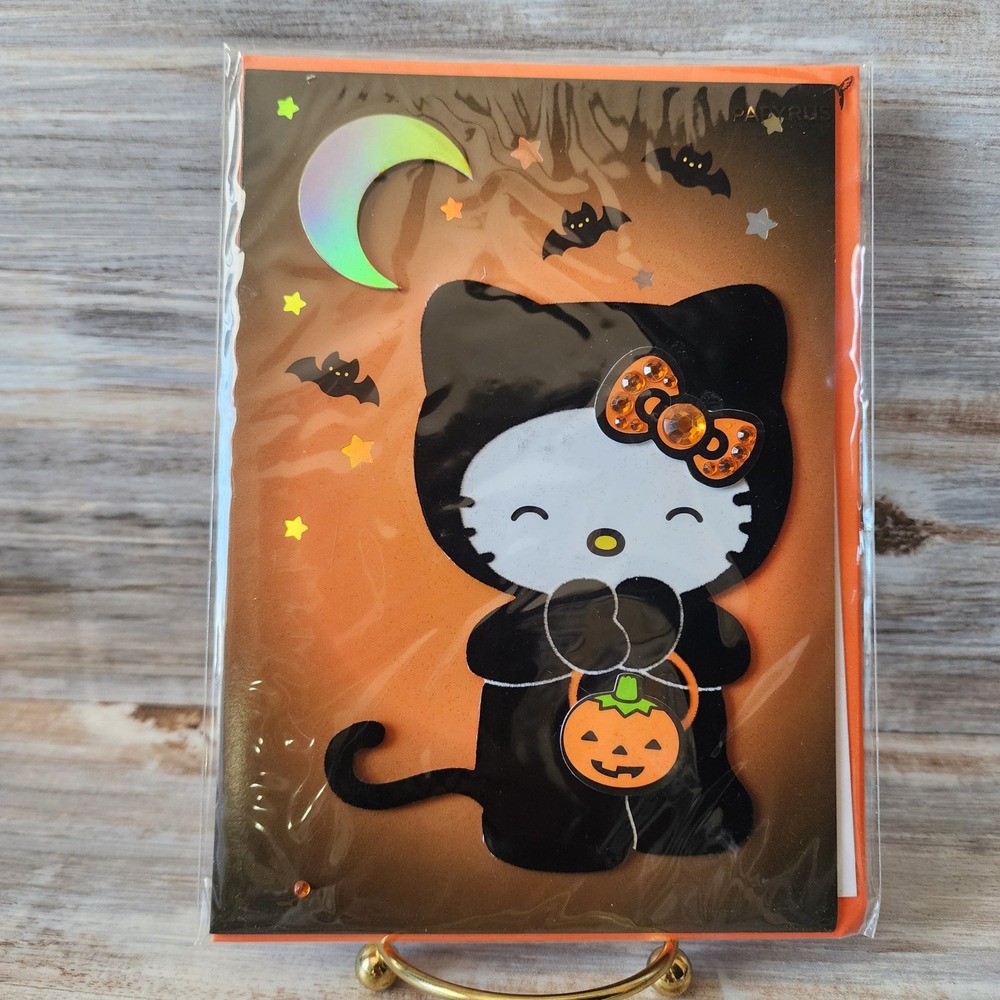 Papyrus Hello Kitty Halloween Card Black Cat Costume Pumpkin Gem Bow Sanrio